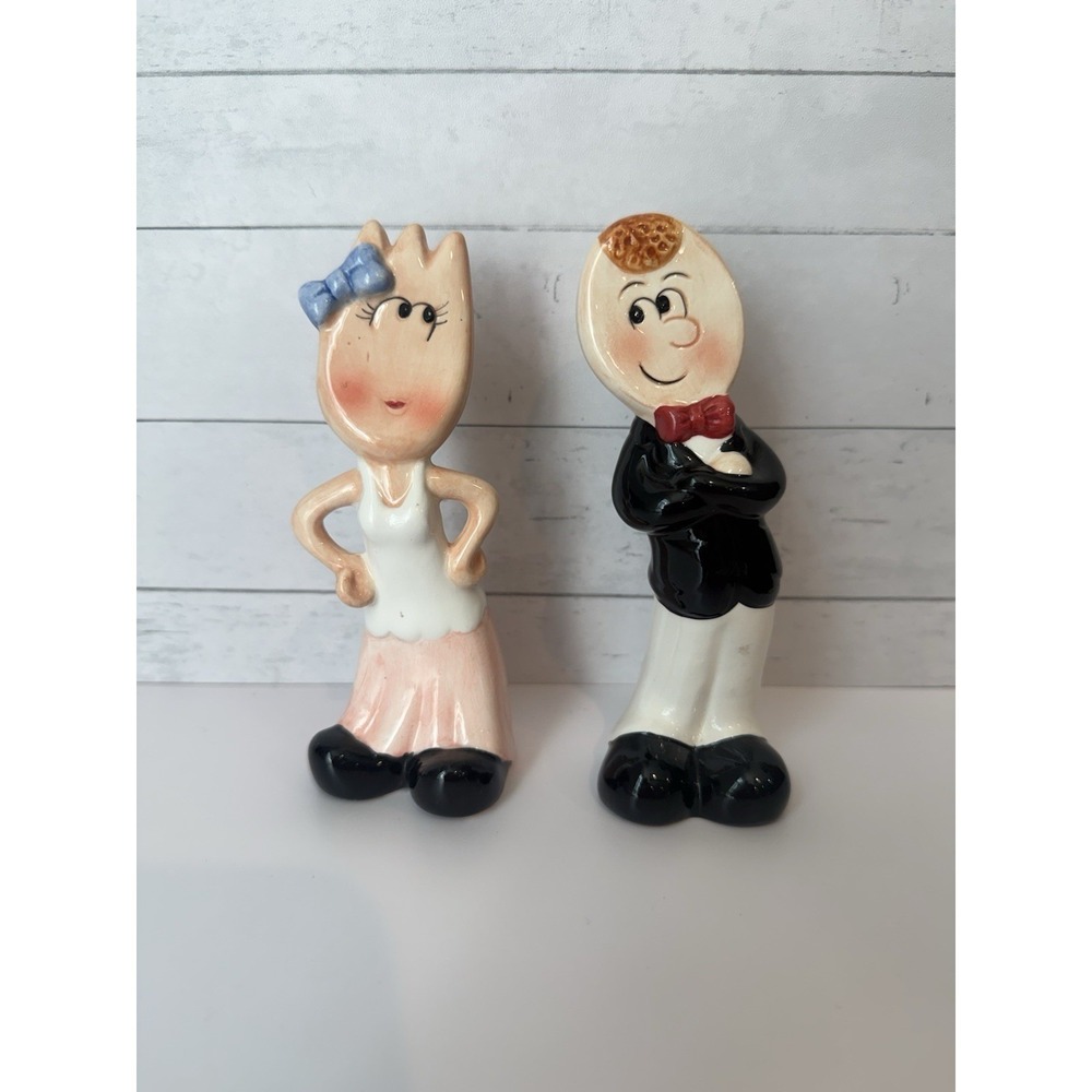 Vintage Spoon & Fork Salt & Pepper Shakers Ceramic Anthropomorphic Couple 4.5"